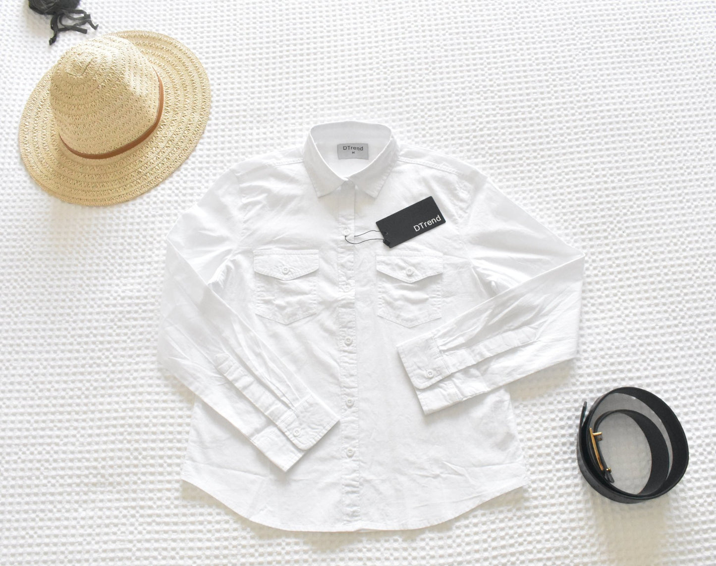 DTrend Womens Long Sleeve Classic Shirt - Double Pocket White Button - DTrend