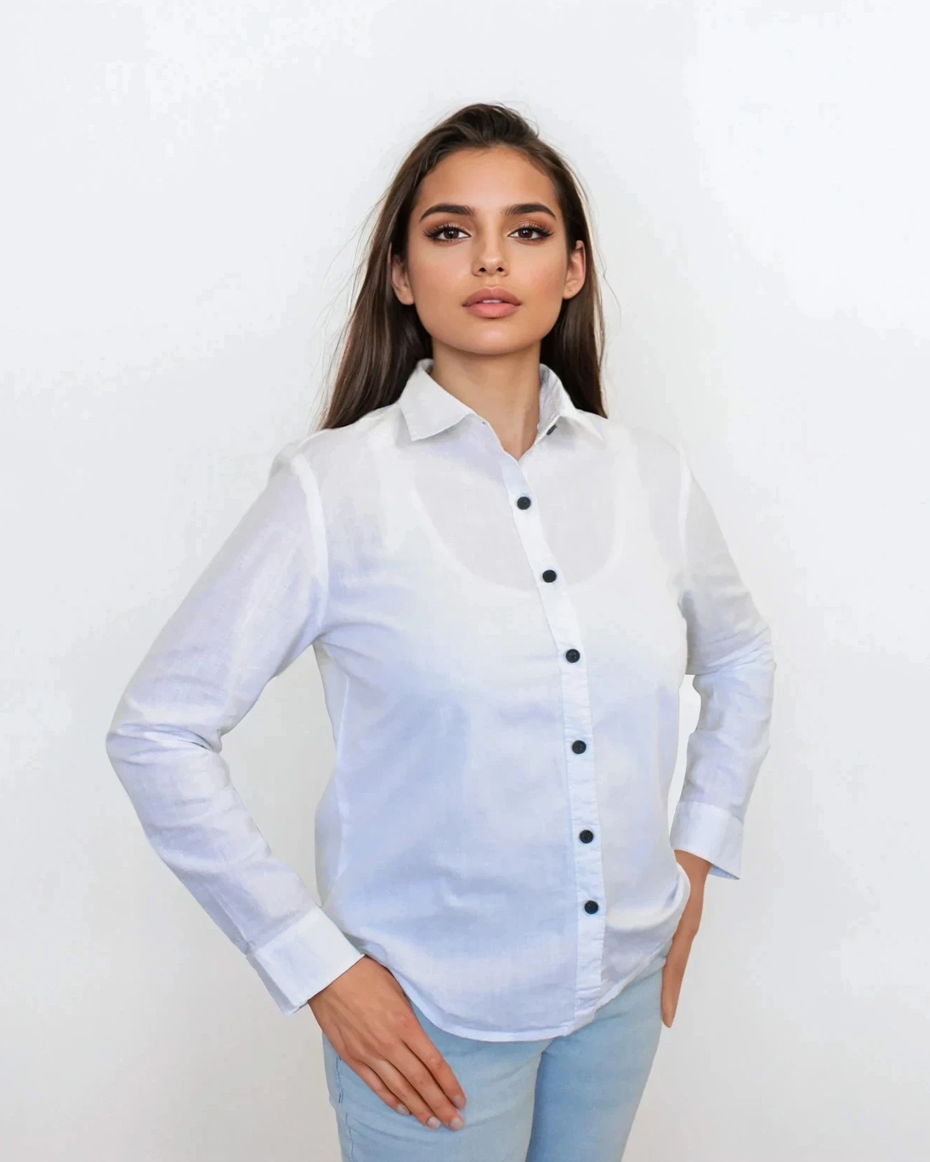 DTrend Womens Long Sleeve Classic Shirt - Black Button Accent