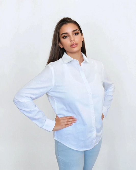 DTrend Womens Long Sleeve Classic Shirt - White Button Accent