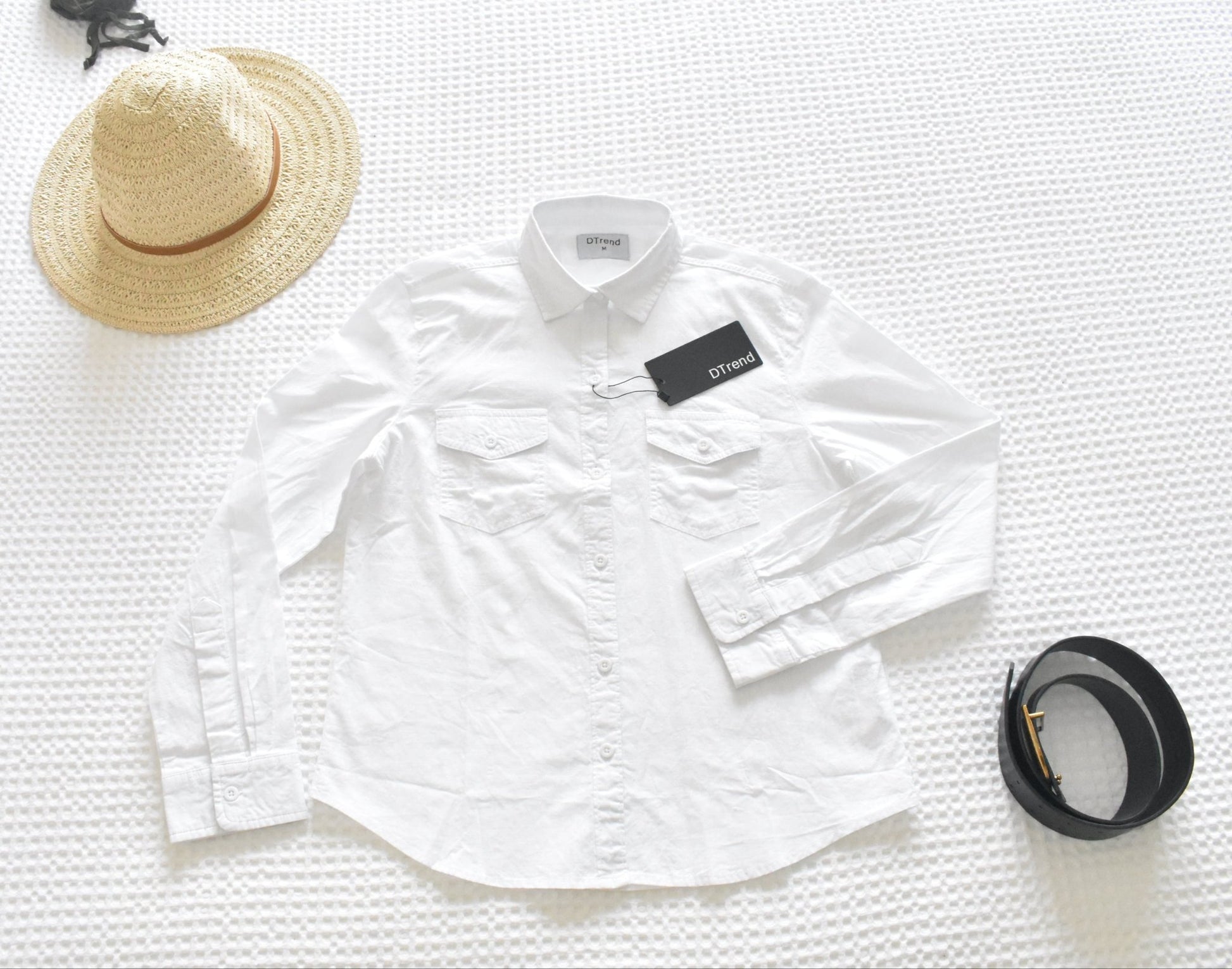 DTrend Womens Long Sleeve Classic Shirt - Double Pocket White Button - DTrend